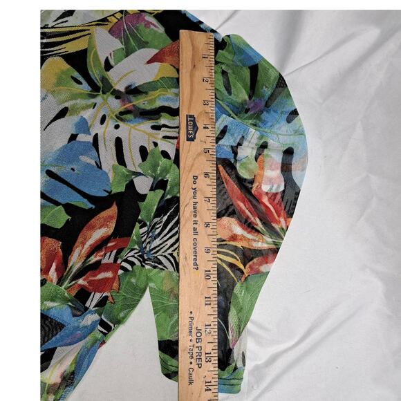 Touch Me sheer Multicolor Leaf pattern 1/2 Sleeve Ruched  Puff sleeve V-Neck LG - Picture 8 of 11